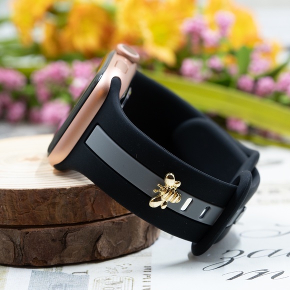Apple Watch Band, Black and Gray Stripes Silicone Strap w/ Bee Stud 38/40mm - Picture 1 of 6